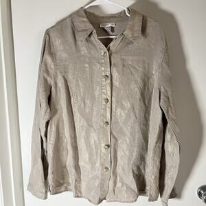 Susan Graver 100% Linen Button Down Beige and Gold Shirt Sz L